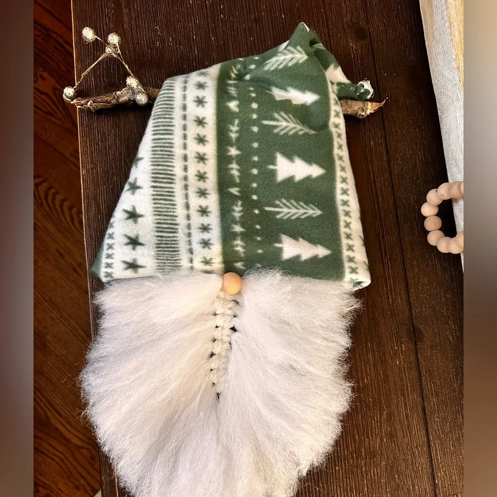 Hand crafted Green and White rustic Christmas hanging Gnome Decor